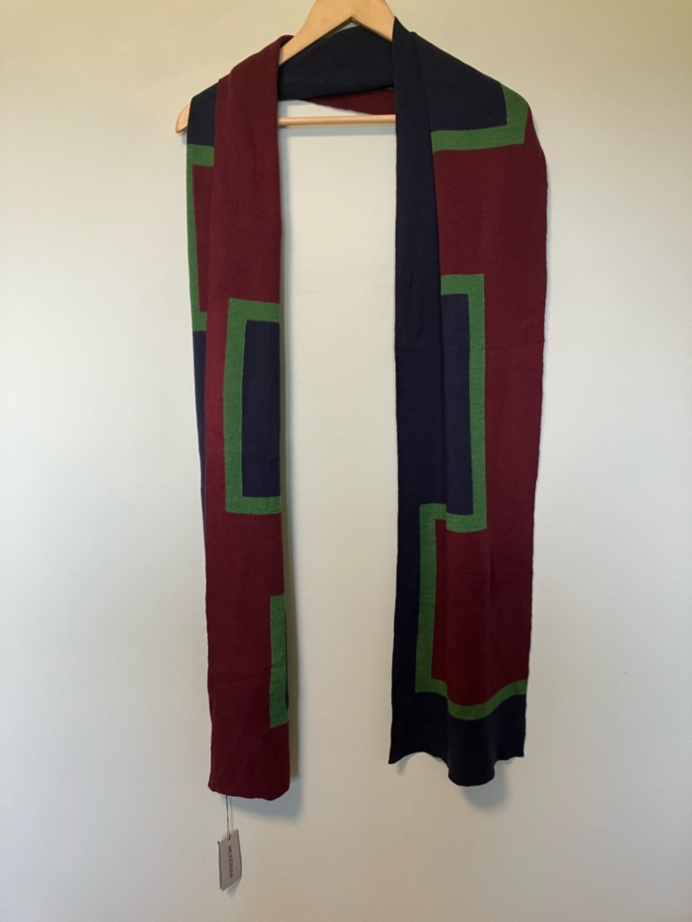 NWT McKernan Burgundy, Navy & Green 100% Virgin Wool Knit Geometric Scarf